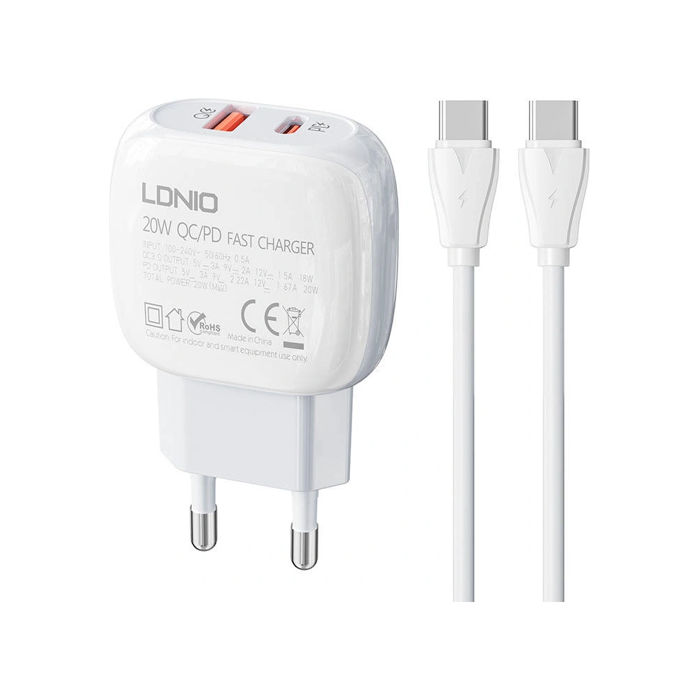 Wholesale LDNIO A2313C Wall Charger USB-A, USB-C 20W + USB-C/USB-C cable - LDN139 - {ean13} - Hurt