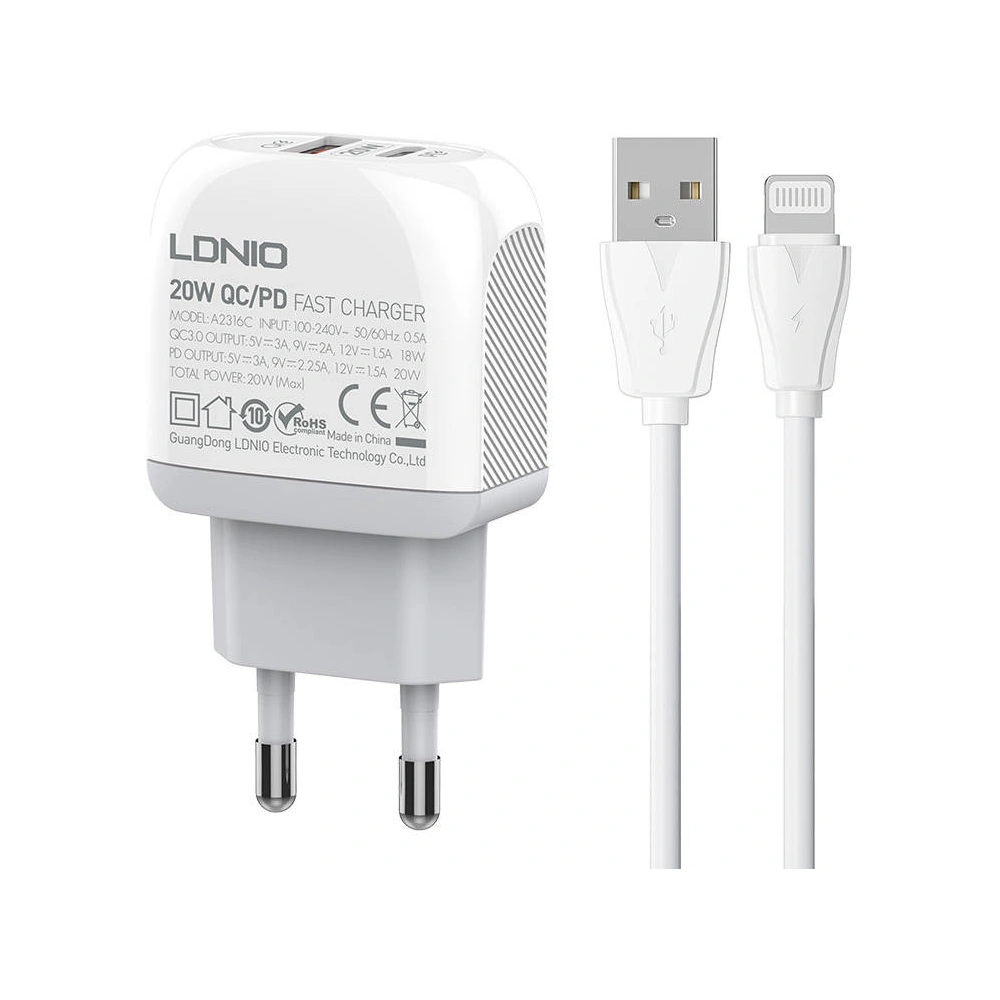 Hurtownia GSM - Síťová nabíječka LDNIO A2316C USB-A, USB-C + Lightning kabel - LDN140 - {ean13} - Hurt