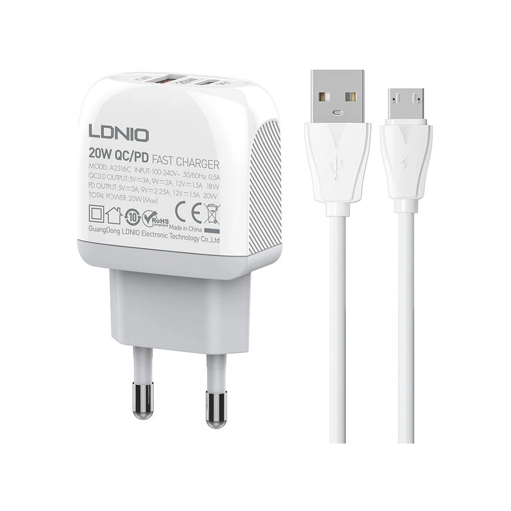 Hurtownia GSM - Síťová nabíječka LDNIO A2316C USB-A, USB-C + kabel microUSB - LDN141 - {ean13} - Hurt