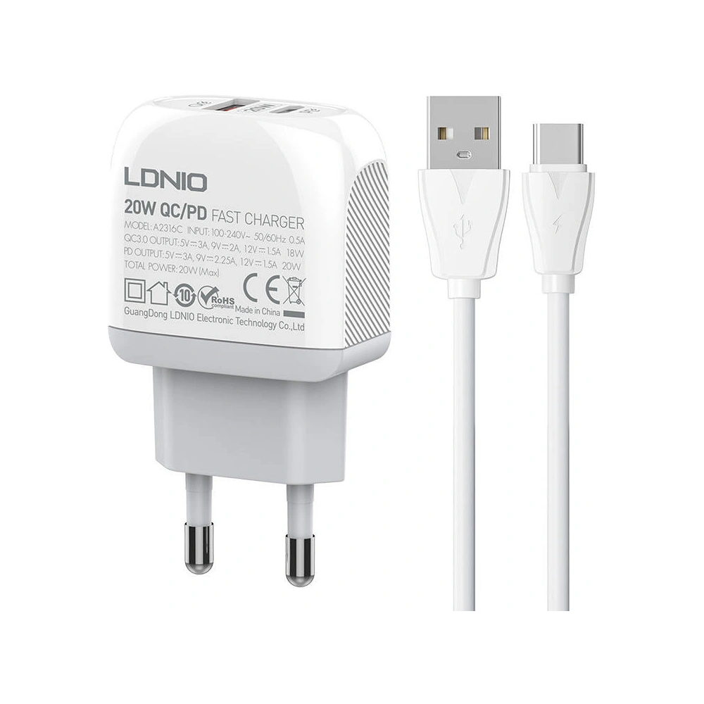 Hurtownia GSM - Síťová nabíječka LDNIO A2316C USB-A, USB-C + kabel USB-C - LDN142 - {ean13} - Hurt