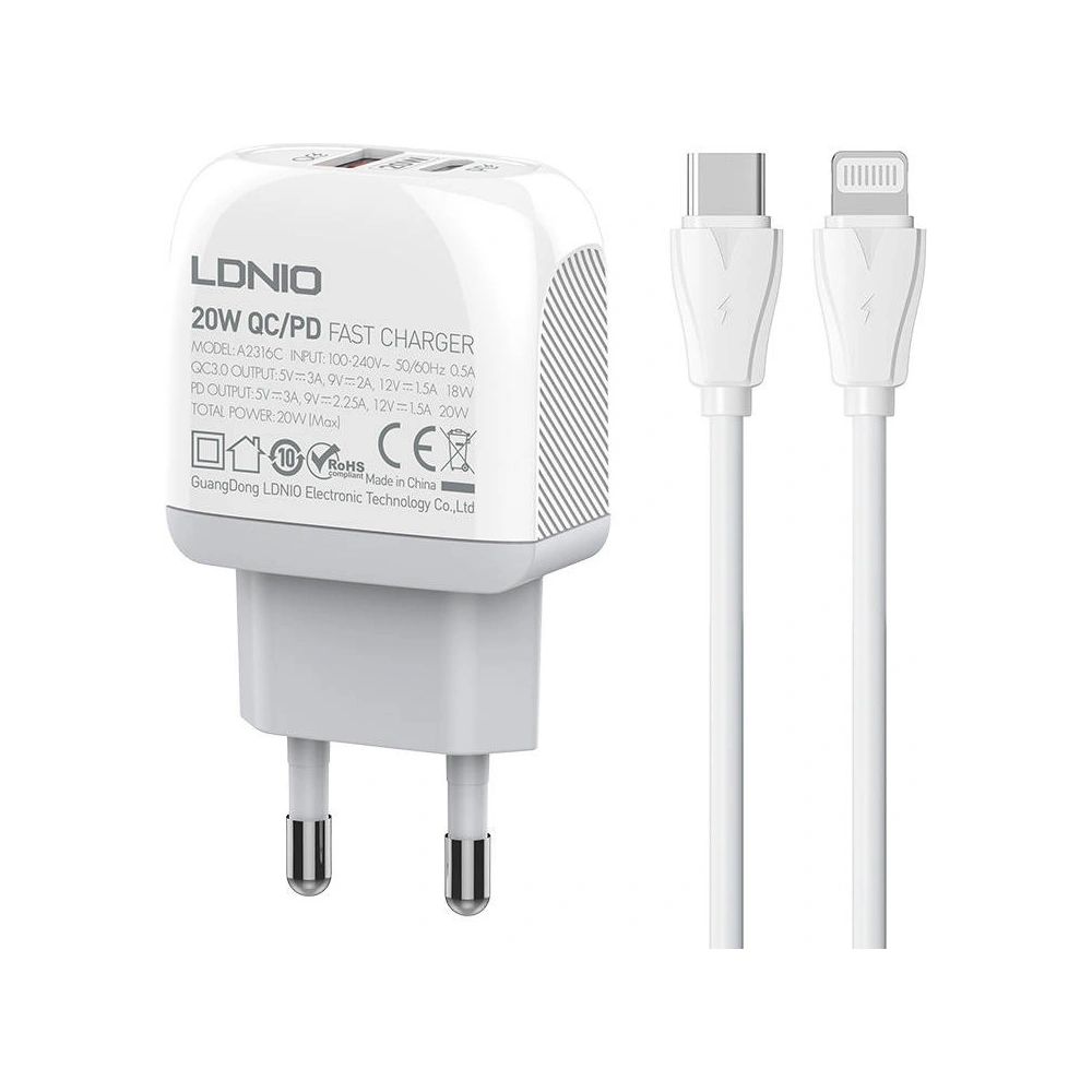 Wholesale LDNIO A2316C Wall Charger USB-A, USB-C + USB-C/Lightning cable - LDN143 - {ean13} - Hurt