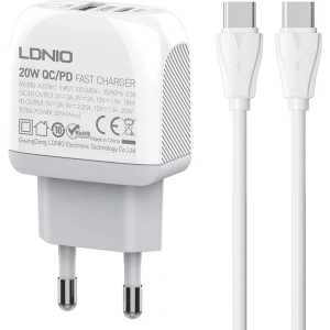 LDNIO A2316C Wall Charger USB-A, USB-C + USB-C/USB-C cable