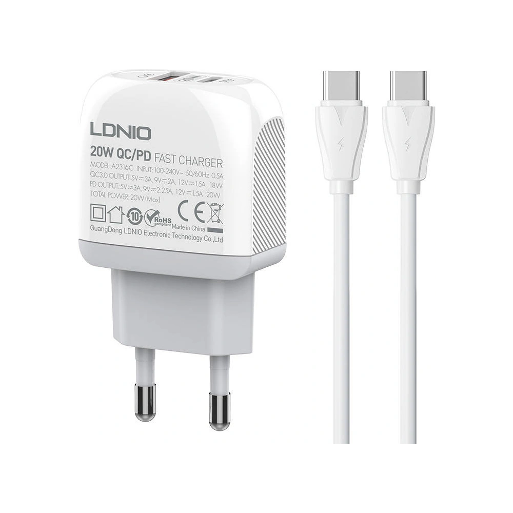 Hurtownia GSM - Ładowarka sieciowa LDNIO A2316C USB-A, USB-C + kabel USB-C/USB-C - LDN144 - {ean13} - Hurt