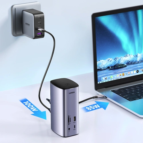 Stacja dokująca UGREEN CM555 HUB 12w1 USB-C - USB HDMI DP RJ45 AUX SD TF szara