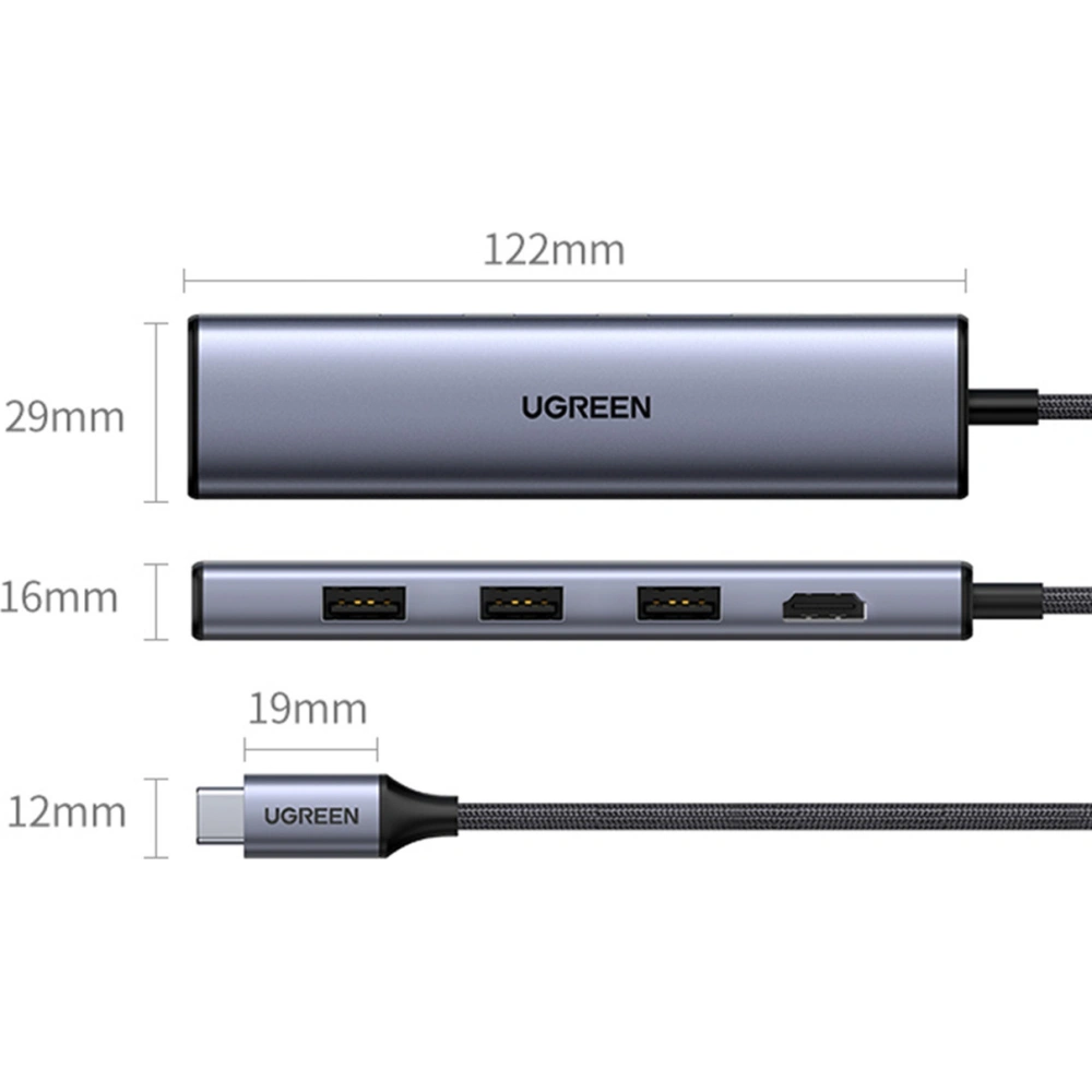 Hurtownia GSM - Adapter HUB UGREEN CM475 5in1 USB C - 3x USB 3.0/HDMI/RJ45 grau - UGR1492 - {ean13} - Hurt