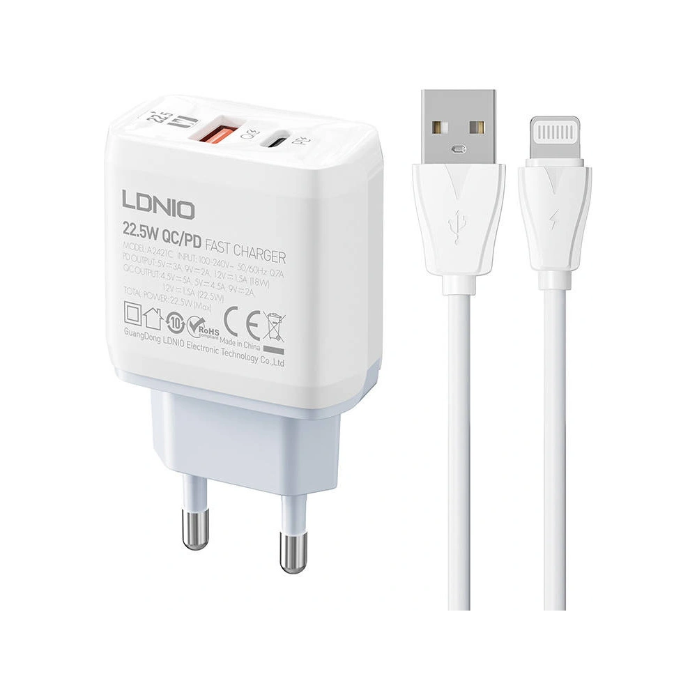 Hurtownia GSM - Încărcător de rețea LDNIO A2421C USB-A, USB-C 22.5W + cablu Lightning - LDN149 - {ean13} - Hurt