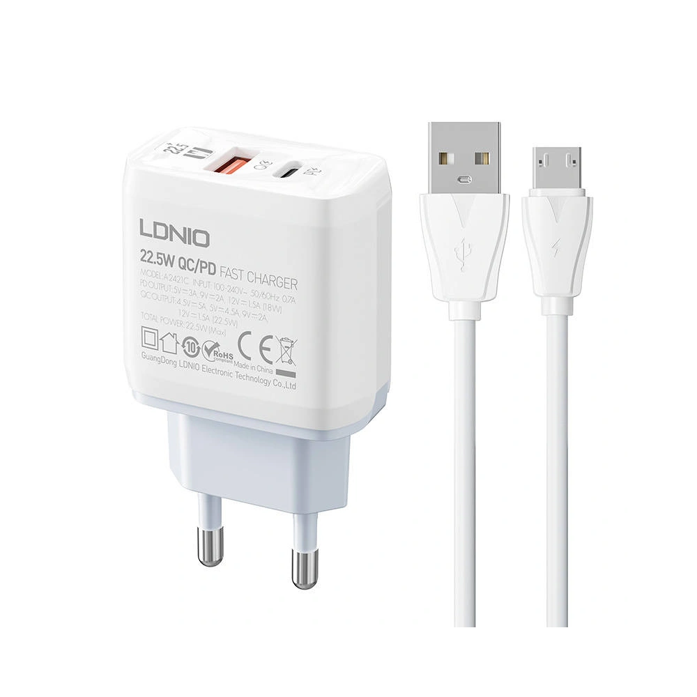 Hurtownia GSM - Síťová nabíječka LDNIO A2421C USB-A, USB-C 22.5W + kabel microUSB - LDN150 - {ean13} - Hurt
