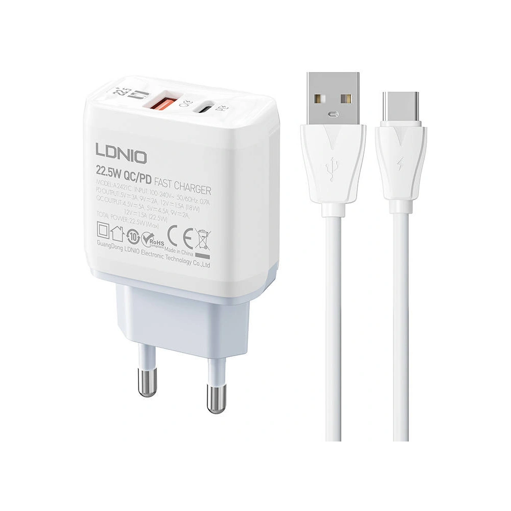 Hurtownia GSM - Síťová nabíječka LDNIO A2421C USB-A, USB-C 22.5W + kabel USB-C - LDN151 - {ean13} - Hurt