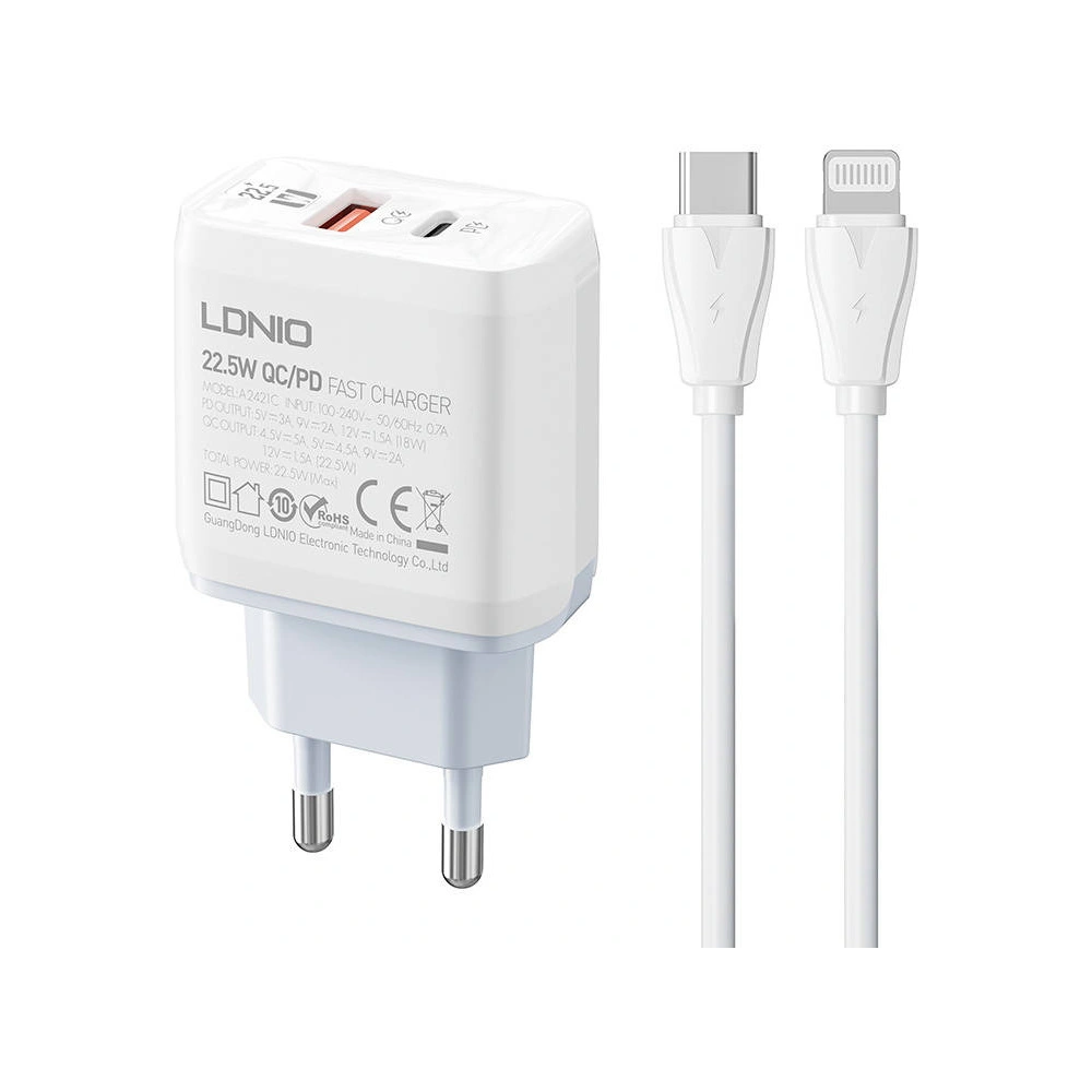 Hurtownia GSM - Nabíječka LDNIO A2421C USB-A, USB-C 22.5W + kabel USB-C/Lightning - LDN152 - {ean13} - Hurt
