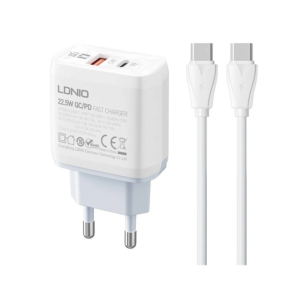 Hurtownia GSM - Síťová nabíječka LDNIO A2421C USB-A, USB-C 22.5W + kabel USB-C/USB-C - LDN153 - {ean13} - Hurt
