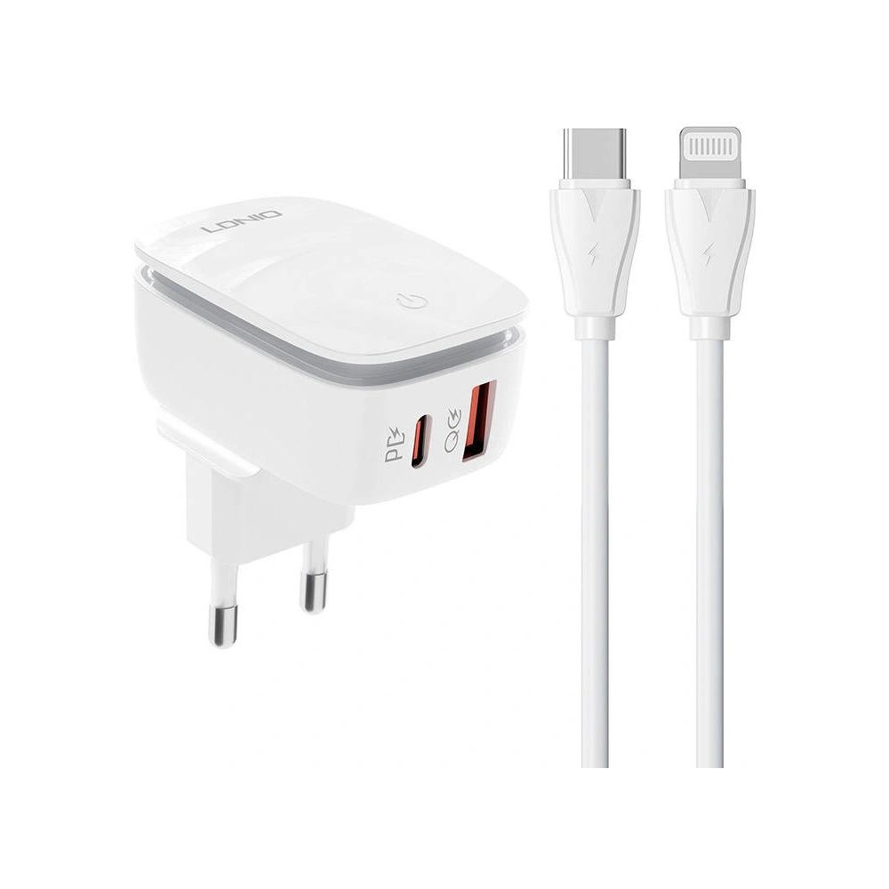 Hurtownia GSM - Încărcător de rețea LDNIO A2425C USB-A, USB-C + cablu USB-C/Lightning - LDN161 - {ean13} - Hurt