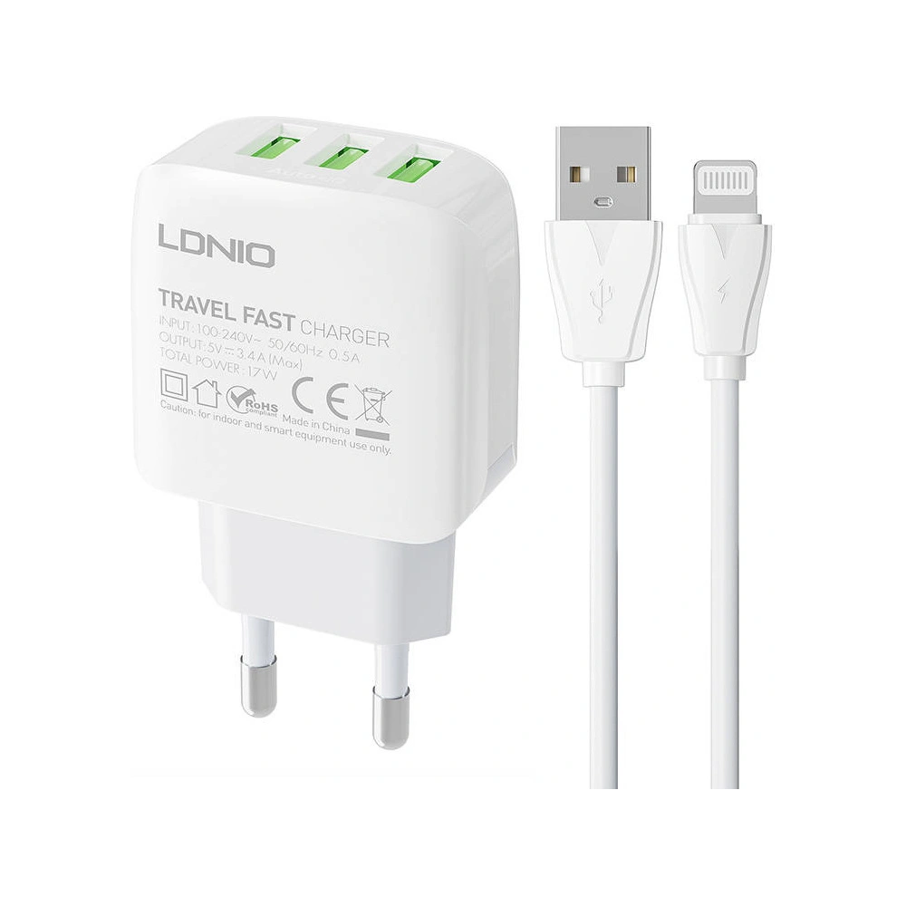 Wholesale LDNIO A3312 Wall Charger 3xUSB-A + Lightning cable - LDN177 - {ean13} - Hurt