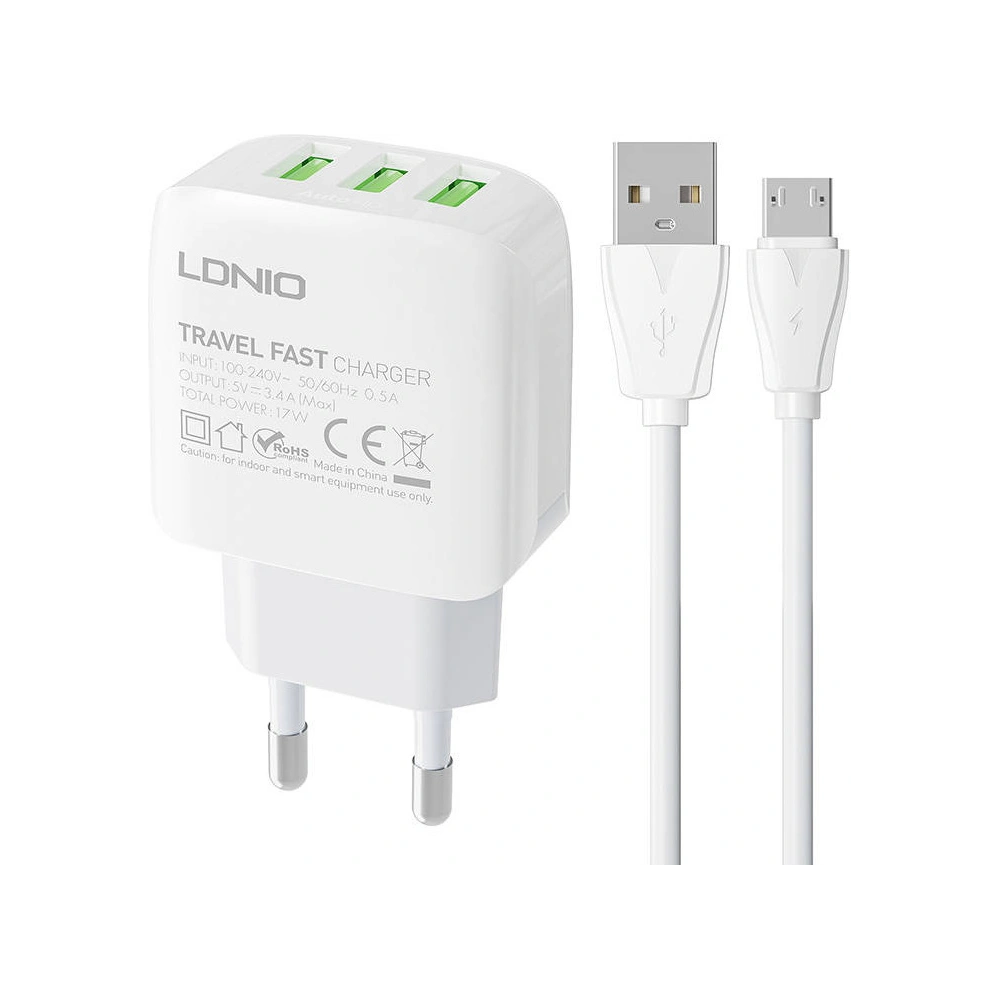 Wholesale LDNIO A3312 Wall Charger 3xUSB-A + microUSB cable - LDN178 - {ean13} - Hurt