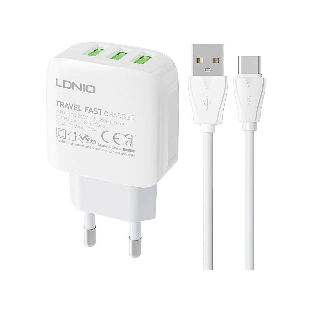 Wholesale LDNIO A3312 Wall Charger 3xUSB + USB-C cable - LDN179 - {ean13} - Hurt