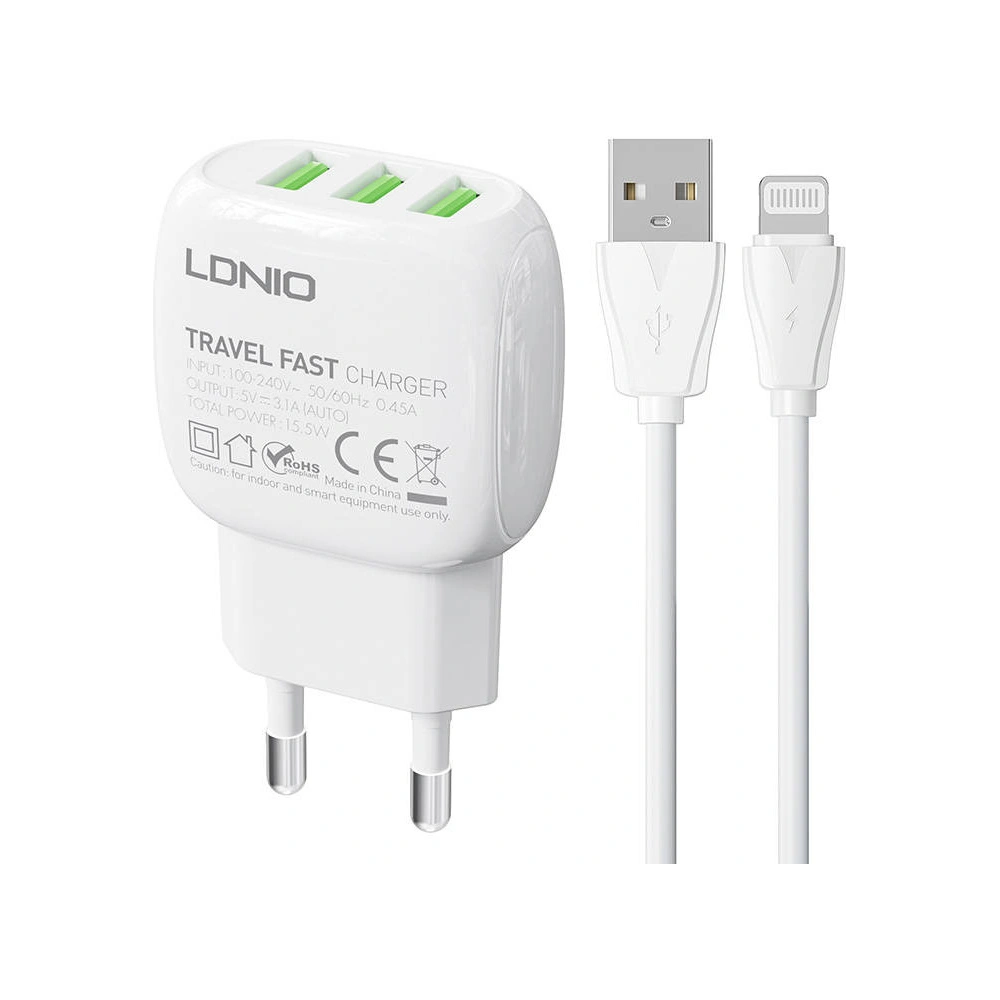 Wholesale LDNIO A3315 Wall Charger 3xUSB + Lightning cable - LDN180 - {ean13} - Hurt
