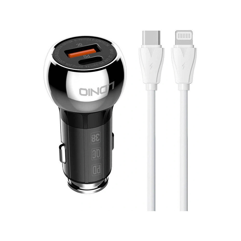 Hurtownia GSM - Ładowarka samochodowa LDNIO C1 USB-A, USB-C + kabel USB-C/Lightning - LDN230 - {ean13} - Hurt