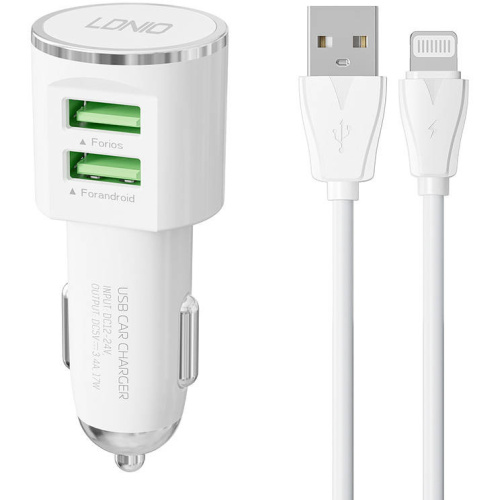 LDNIO Distributor - 5905316142725 - LDN301 - LDNIO DL-C29 Car Charger, 2x USB, 3.4A + Lightning cable (white) - B2B homescreen