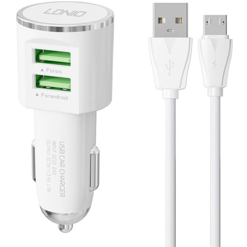 LDNIO Distributor - 5905316142732 - LDN302 - LDNIO DL-C29 Car Charger, 2x USB, 3.4A + microUSB cable (white) - B2B homescreen