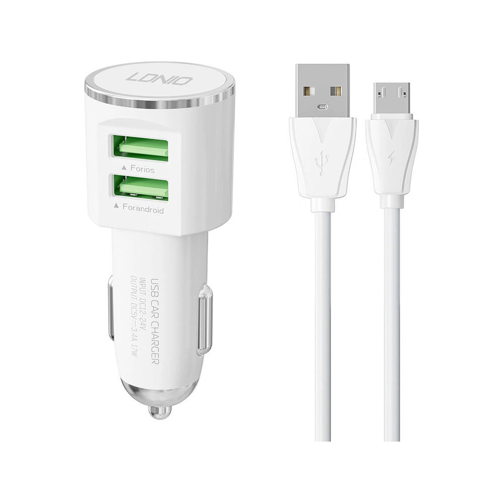 Hurtownia GSM - Auto nabíječka LDNIO DL-C29, 2x USB, 3.4A + microUSB kabel (bílá) - LDN302 - {ean13} - Hurt