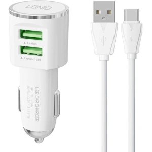 Autonabíječka LDNIO DL-C29, 2x USB, 3.4A + USB-C kabel (bílá)