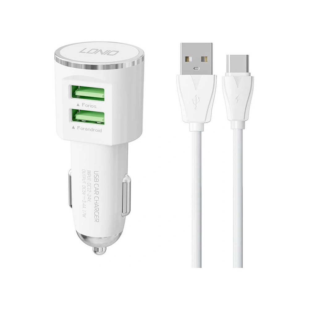 Hurtownia GSM - Autonabíječka LDNIO DL-C29, 2x USB, 3.4A + USB-C kabel (bílá) - LDN303 - {ean13} - Hurt