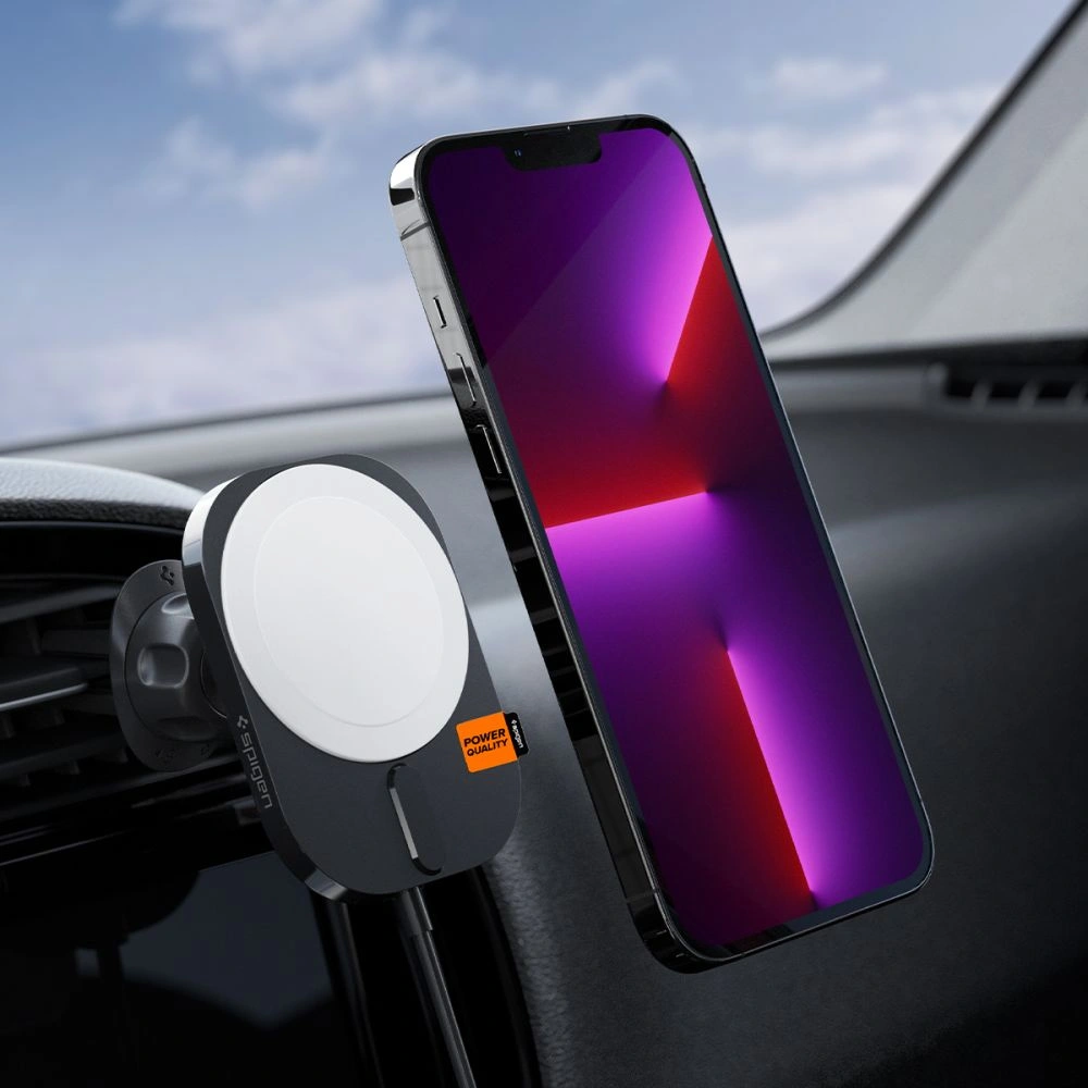Hurtownia GSM - Autós tartó vezeték nélküli töltővel Spigen ITM12W OneTap Pro 3 Magnetic MagSafe szellőző autós tartó vezeték nélküli töltő Fekete - SPN2855 - {ean13} - Hurt