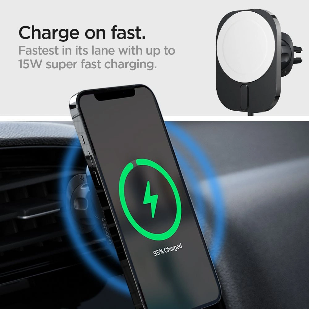 Hurtownia GSM - Autós tartó vezeték nélküli töltővel Spigen ITM12W OneTap Pro 3 Magnetic MagSafe szellőző autós tartó vezeték nélküli töltő Fekete - SPN2855 - {ean13} - Hurt
