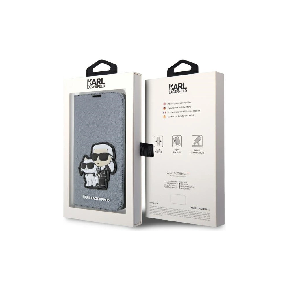 Hurtownia GSM - Etui Karl Lagerfeld KLBKP14XSANKCPG Apple iPhone 14 Pro Max Buchhülle silber Saffiano Karl & Choupette - KLD1536 - {ean13} - Hurt