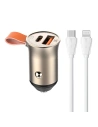 Auto nabíječka LDNIO C509Q, USB + USB-C, 30W + kabel USB-C/Lightning (zlatá)