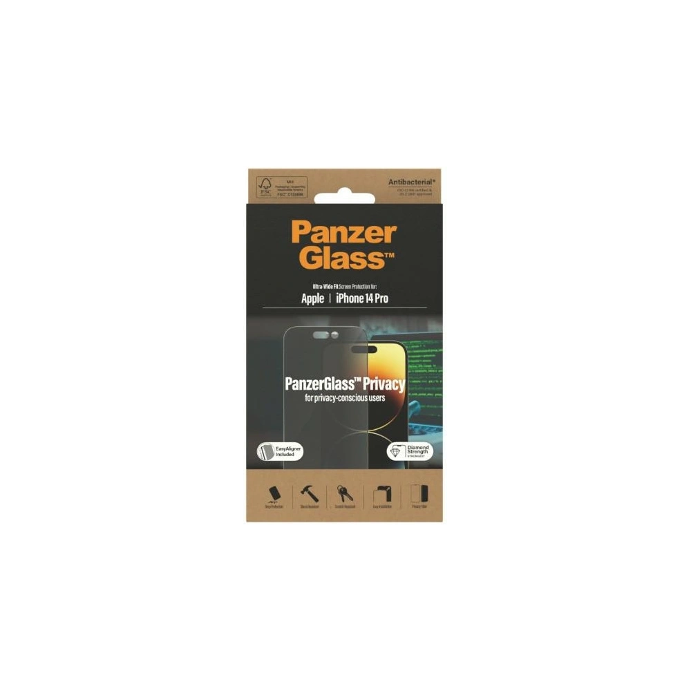 Sticlă călită PanzerGlass Ultra-Wide Fit Apple iPhone 14 Pro Protecție ecran Privacy Antibacterian Aligner ușor inclus P2784