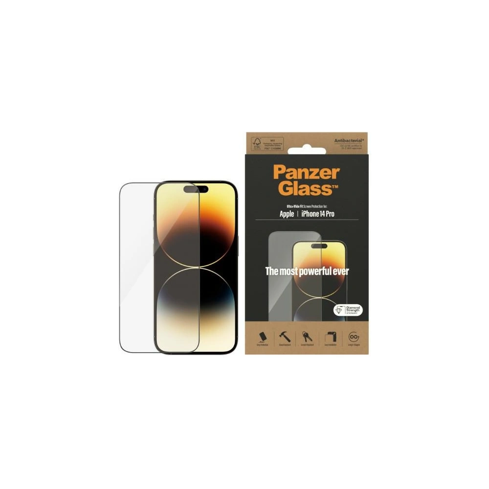 Hurtownia GSM - Sticlă securizată PanzerGlass Ultra-Wide Fit Apple iPhone 14 Pro Protecție pentru Ecran Antibacterian 2772 - PZG346 - {ean13} - Hurt
