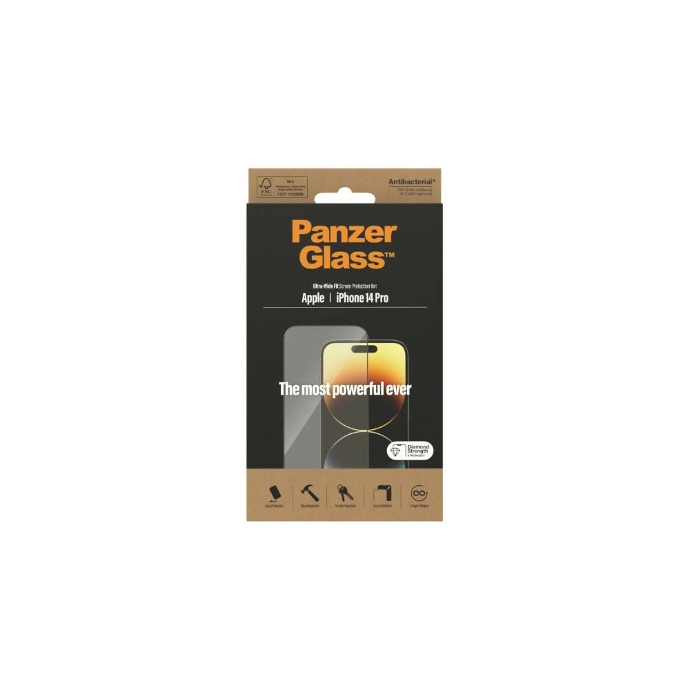 Hurtownia GSM - Sticlă securizată PanzerGlass Ultra-Wide Fit Apple iPhone 14 Pro Protecție pentru Ecran Antibacterian 2772 - PZG346 - {ean13} - Hurt