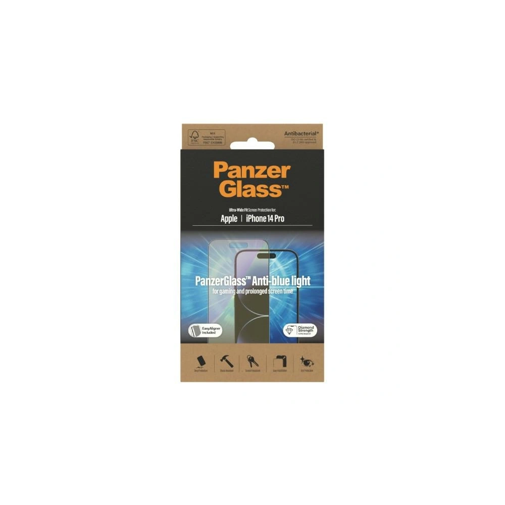 Hurtownia GSM - Sticlă întărită PanzerGlass Ultra-Wide Fit Apple iPhone 14 Pro Protecție pentru Ecran Antibacterian Include Aliniator Ușor Anti-lumină albastră 2792 - PZG348 - {ean13} - Hurt