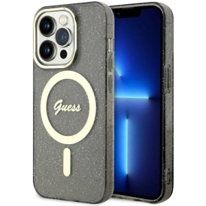 Etui Guess GUHMP14LHCMCGK Apple iPhone 14 Pro czarny/black hardcase Glitter Gold MagSafe