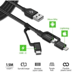 Spigen C10I3 3in1 USB-C, Lightning și cablu microUSB 150cm Negru