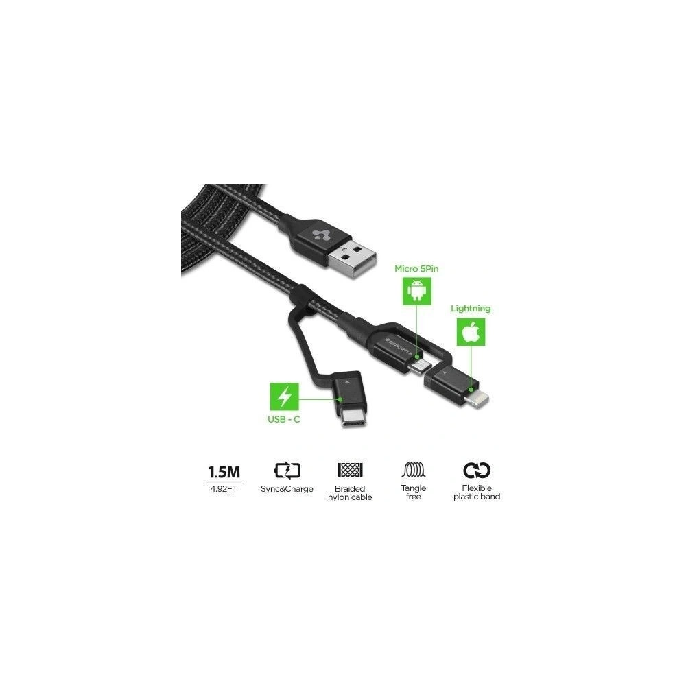 Hurtownia GSM - Spigen C10I3 3in1 USB-C, Lightning și cablu microUSB 150cm Negru - SPN770BLK - {ean13} - Hurt