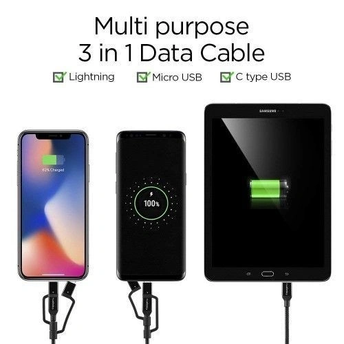 Spigen C10I3 3w1 USB-C, Lightning & microUSB Cable 150cm Black