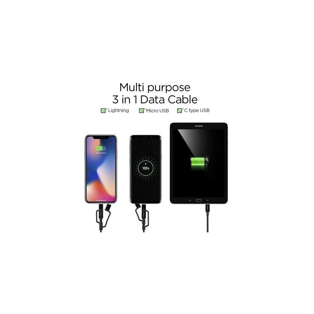 Hurtownia GSM - Spigen C10I3 3in1 USB-C, Lightning și cablu microUSB 150cm Negru - SPN770BLK - {ean13} - Hurt