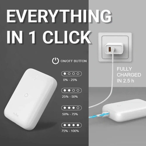 Powerbank PURO Compact Mini Power Bank 10000 mAh, USB-C & USB-A (biały)