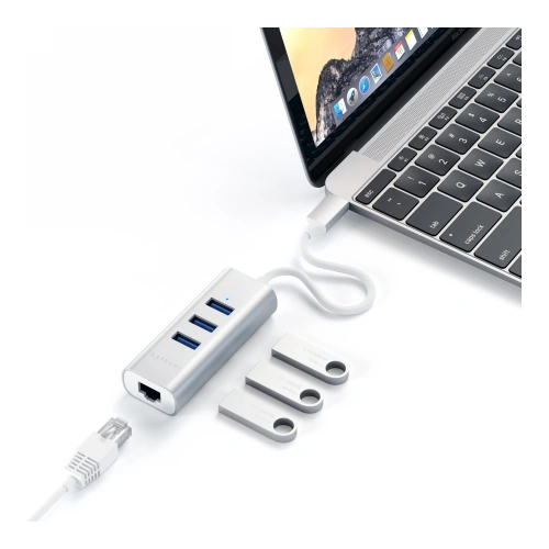 Adapter HUB Satechi Aluminium Hub 2in1 USB-C (3x USB-A, Ethernet) (silver)