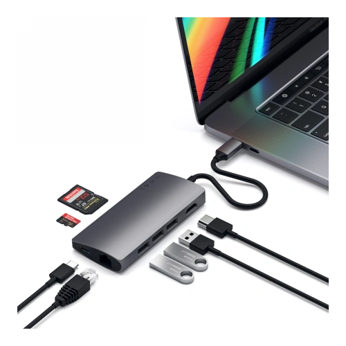 Adapter HUB Satechi Aluminium Adapter V2 USB-C (USB-C, 3x USB-A, 4K HDMI, czytnik kart) (space gray)