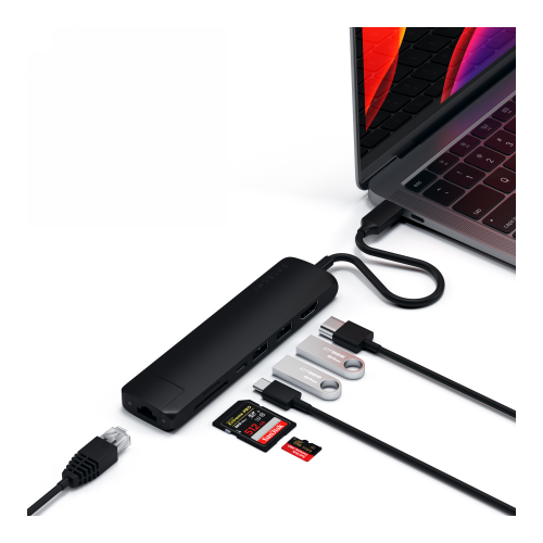 Hurtownia Satechi - 879961008659 - STH24 - Adapter HUB Satechi Slim Multiport USB-C (USB-C PD, 2x USB-A, HDMI 4K, Ethernet, czytnik kart micro/SD) (black) - B2B homescreen