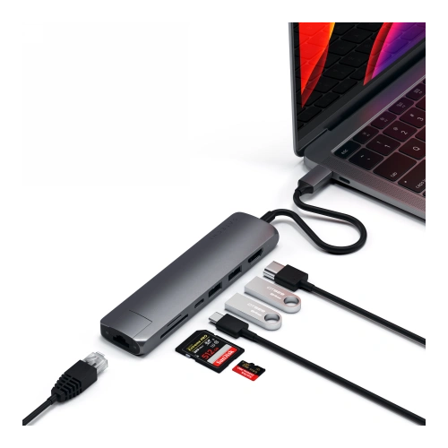 Adapter HUB Satechi Slim Multiport USB-C (USB-C PD, 2x USB-A, HDMI 4K, Ethernet, czytnik kart micro/SD) (space gray)