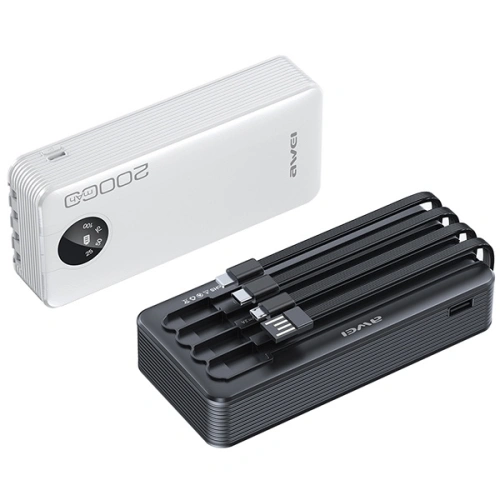 Powerbank AWEI P134K 20000mAh czarny/black wyświetlacz + kable USB/PD/Lightning/microUSB