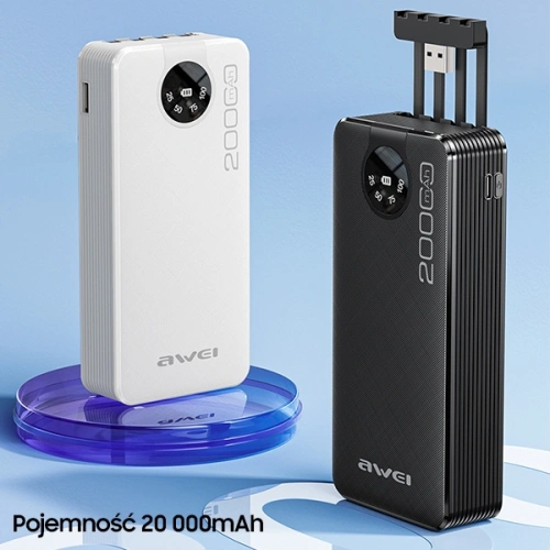 Powerbank AWEI P134K 20000mAh czarny/black wyświetlacz + kable USB/PD/Lightning/microUSB