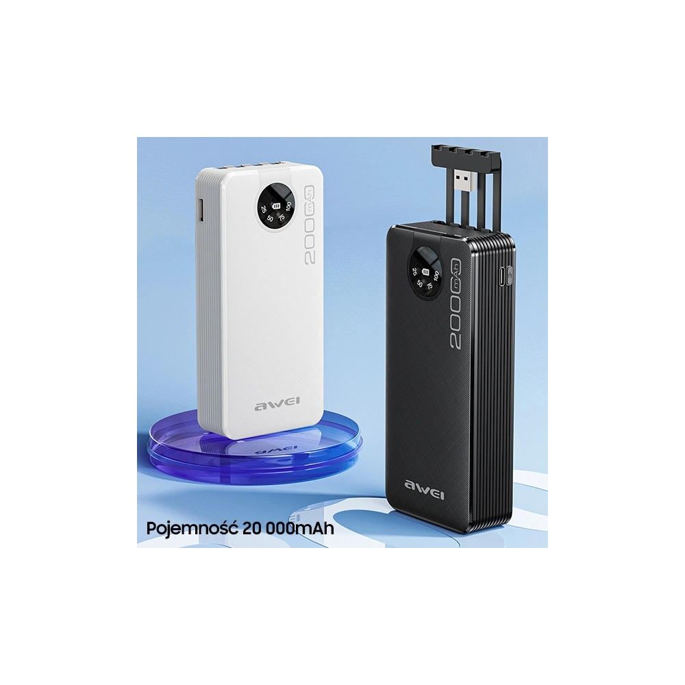 Hurtownia GSM - Powerbanka AWEI P134K 20000mAh černá/black s displejem + kabely USB/PD/Lightning/microUSB - AWEI132 - {ean13} - Hurt