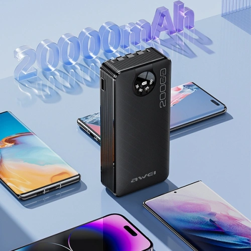 Powerbank AWEI P134K 20000mAh czarny/black wyświetlacz + kable USB/PD/Lightning/microUSB