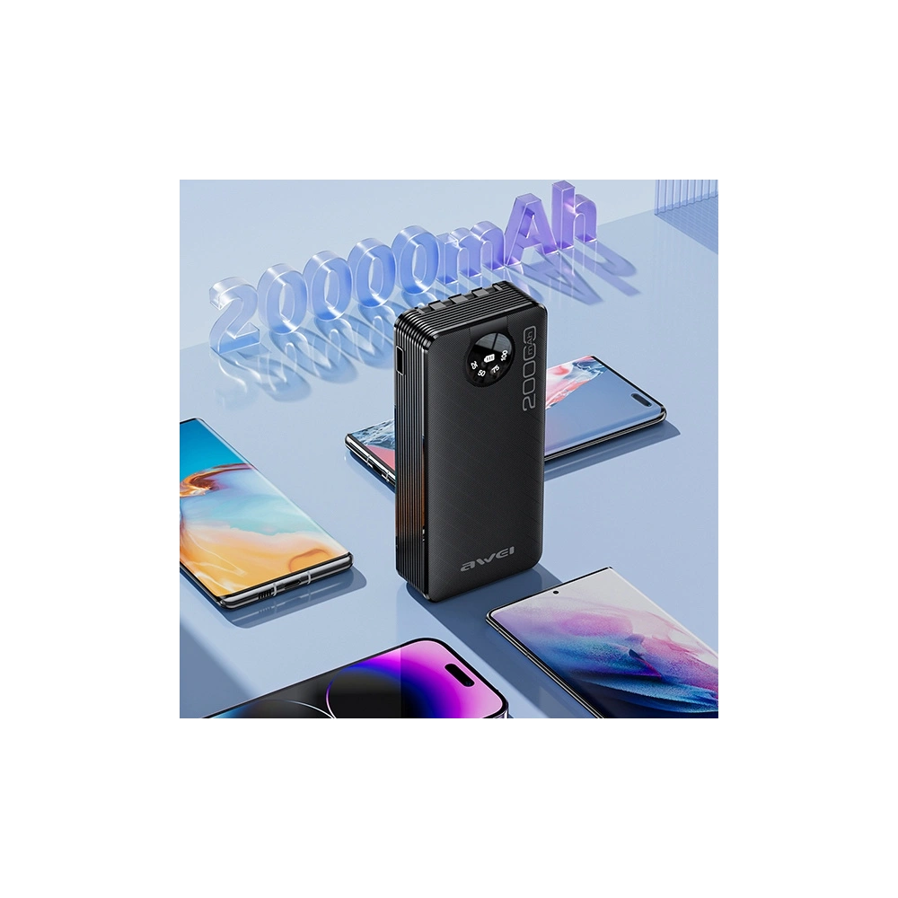 Hurtownia GSM - Powerbanka AWEI P134K 20000mAh černá/black s displejem + kabely USB/PD/Lightning/microUSB - AWEI132 - {ean13} - Hurt