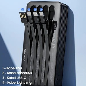 Hurtownia GSM - Powerbank AWEI P134K 20000mAh czarny/black wyświetlacz + kable USB/PD/Lightning/microUSB - AWEI132 - {ean13} - Hurt