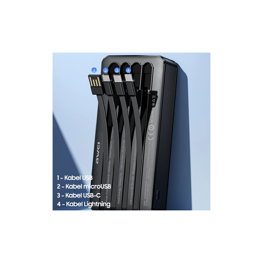 Hurtownia GSM - Powerbanka AWEI P134K 20000mAh černá/black s displejem + kabely USB/PD/Lightning/microUSB - AWEI132 - {ean13} - Hurt